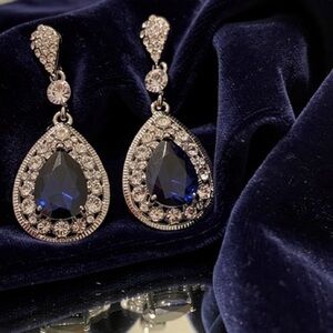 Silver w/Blue Amethyst CZ Teardrop Dangle Earrings